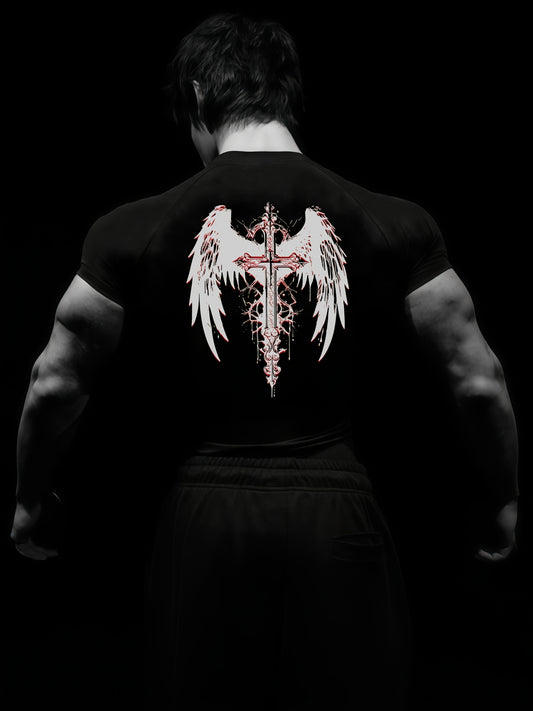 Men’s Cross & Wings Compression Workout Shirt – High-Stretch Breathable Gym Tee for Training & Fitness