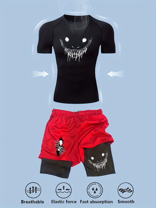 Men’s Black 2-Piece Compression Sport Set – Tight-Fit Quick-Dry T-Shirt & Performance Training Shorts