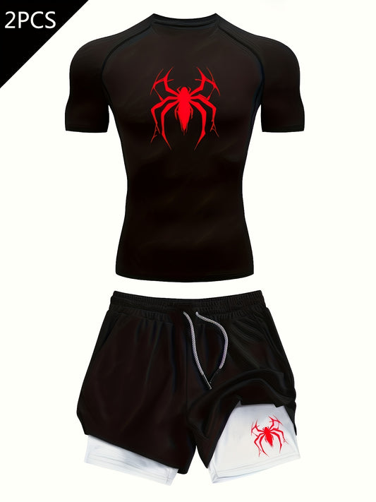 Marvel Spider Print Men’s Compression Set – Quick-Dry Shirt & Double-Layer Training Shorts