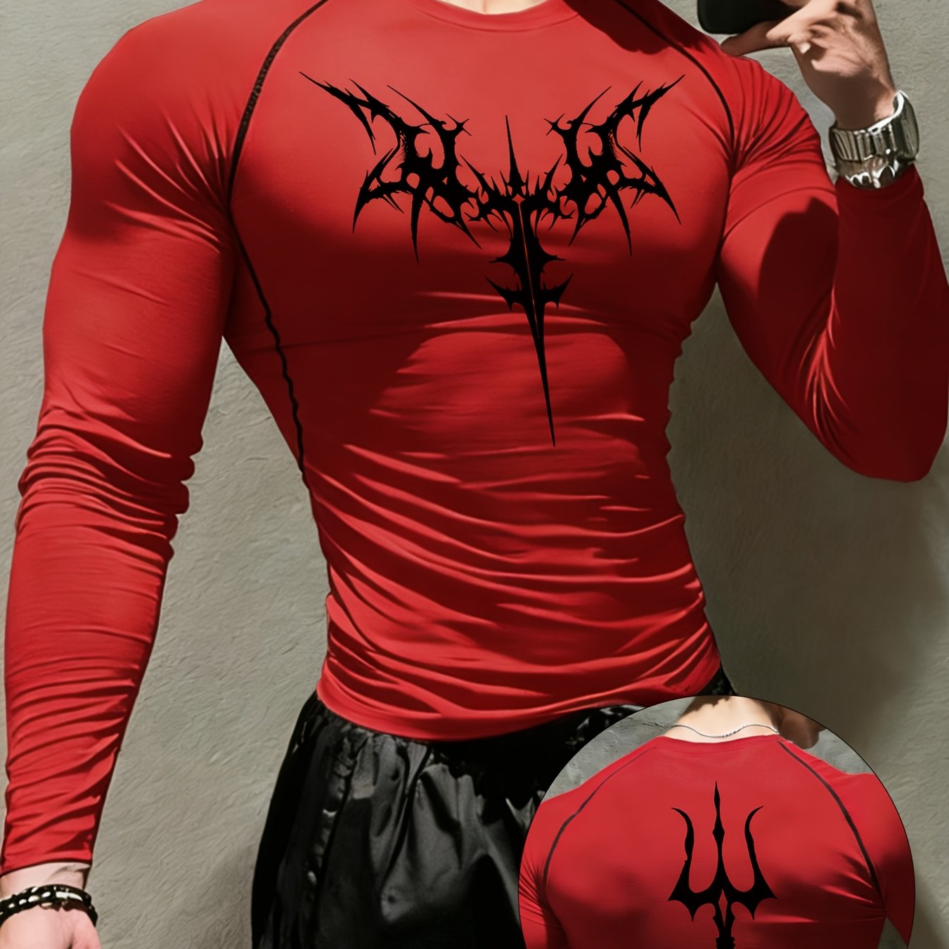 Men’s Gothic Trident & Thorn Compression Long Sleeve Shirt – Sweat-Wicking Tight-Fit Training Top for Gym & Outdoor Workouts
