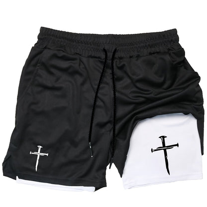 Men’s Anime Double-Print 2-in-1 Training Shorts – Double Layer Quick-Dry Slim Fit Athletic Shorts with Drawstring