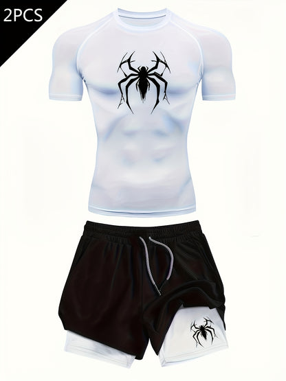 Marvel Spider Print Men’s Compression Set –  Quick-Dry Shirt & Double-Layer Training Shorts