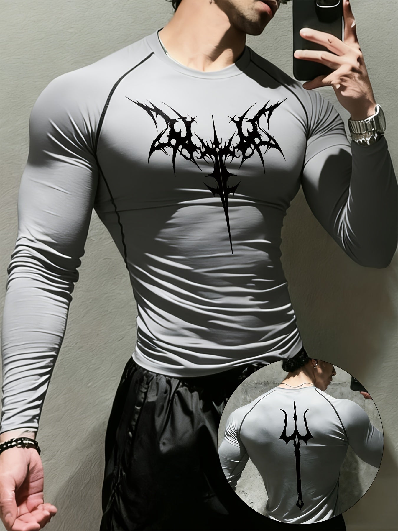 Men’s Gothic Trident & Thorn Compression Long Sleeve Shirt – Sweat-Wicking Tight-Fit Training Top for Gym & Outdoor Workouts