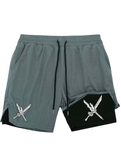 Men’s Double Sword Anime 2-in-1 Sports Shorts – Quick-Dry Double Layer Fitness & Running Shorts