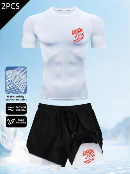 Men’s Slim-Fit 2-Piece Gym Set – Quick-Dry Performance T-Shirt & 2-in-1 Double Layer Training Shorts
