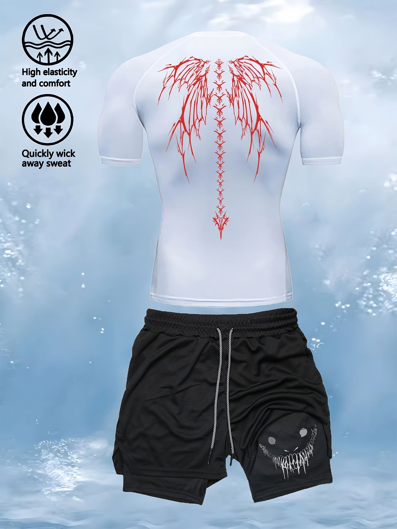 Men’s 2-Piece Compression Base Layer Set – Quick-Dry Printed Short Sleeve Top & Performance Leggings