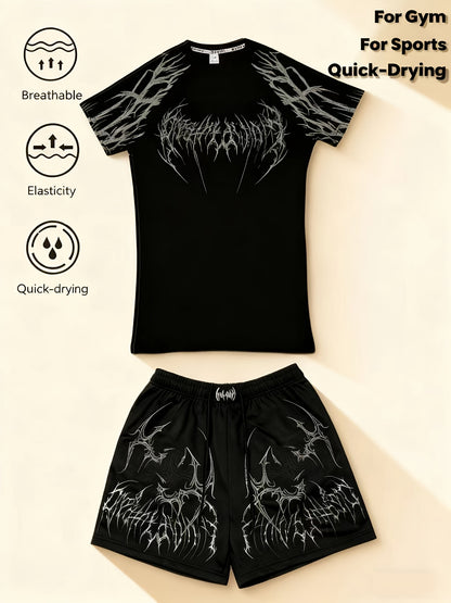 Men’s Red & Black 2-Piece Summer Set – Breathable Loose-Fit T-Shirt & Sports Shorts