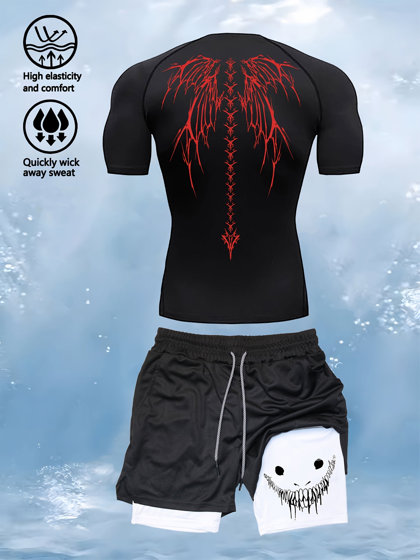 Men’s 2-Piece Compression Base Layer Set – Quick-Dry Printed Short Sleeve Top & Performance Leggings