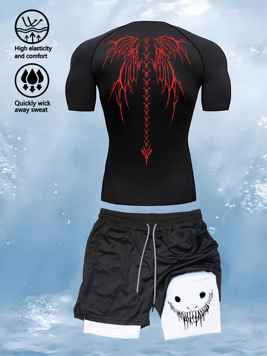 Men’s 2-Piece Compression Base Layer Set – Quick-Dry Printed Short Sleeve Top & Performance Leggings