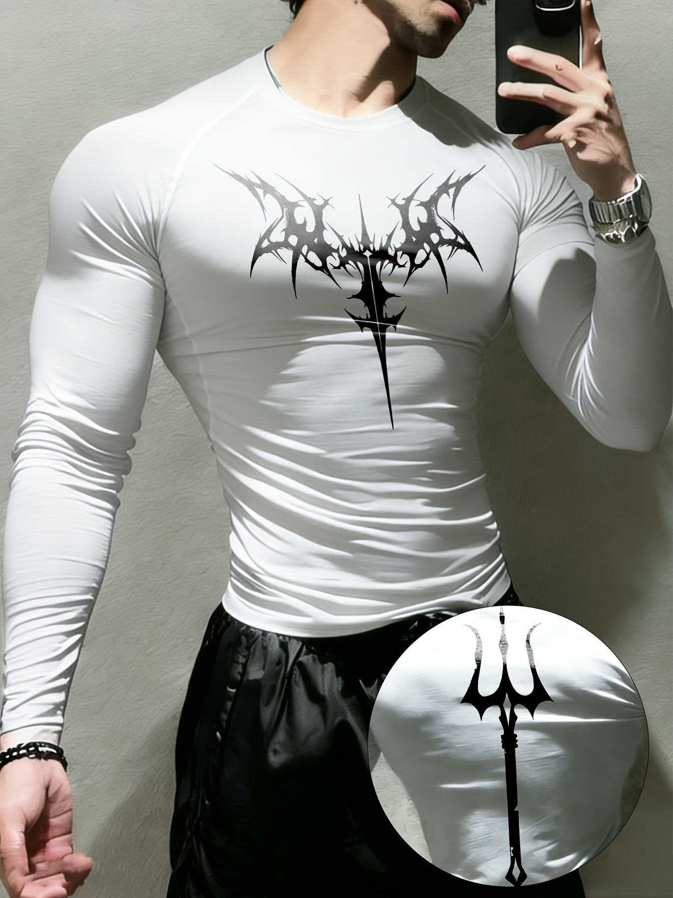 Men’s Gothic Trident & Thorn Compression Long Sleeve Shirt – Sweat-Wicking Tight-Fit Training Top for Gym & Outdoor Workouts