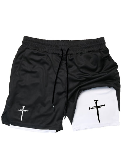 Men’s Anime Double-Print 2-in-1 Training Shorts – Double Layer Quick-Dry Slim Fit Athletic Shorts with Drawstring