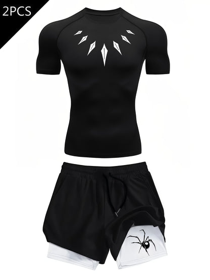 Men’s Necklace Print 2-Piece Compression Gym Set – Quick-Dry Performance T-Shirt & 2-in-1 Training Shorts