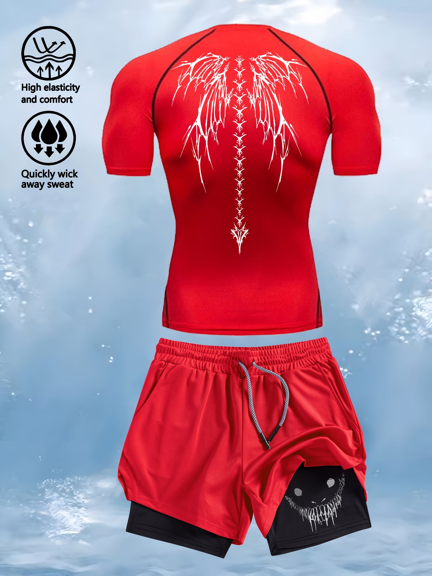 Men’s 2-Piece Compression Base Layer Set – Quick-Dry Printed Short Sleeve Top & Performance Leggings