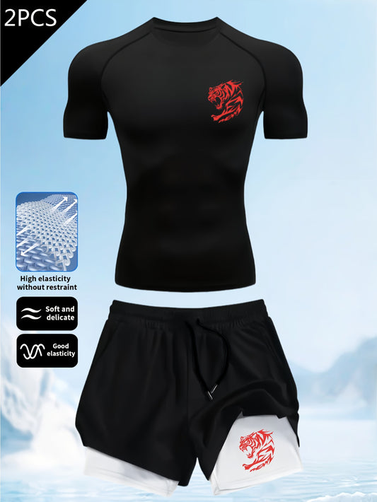 Men’s Slim-Fit 2-Piece Gym Set – Quick-Dry Performance T-Shirt & 2-in-1 Double Layer Training Shorts