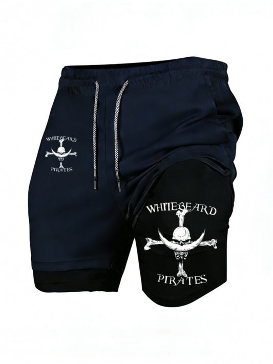 Men’s Quick-Dry 2-in-1 Compression Shorts – Anime Manga Print Double-Layer Gym & Training Shorts with Pockets