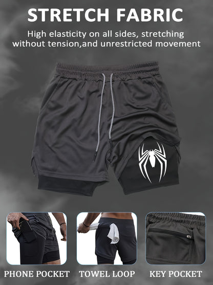 Men’s Marvel Spider‑Man Quick-Dry Sports Shorts – Double-Layer Training Shorts with Multi-Pockets