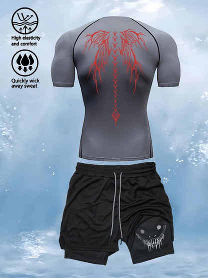 Men’s 2-Piece Compression Base Layer Set – Quick-Dry Printed Short Sleeve Top & Performance Leggings