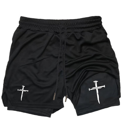 Men’s Anime Double-Print 2-in-1 Training Shorts – Double Layer Quick-Dry Slim Fit Athletic Shorts with Drawstring