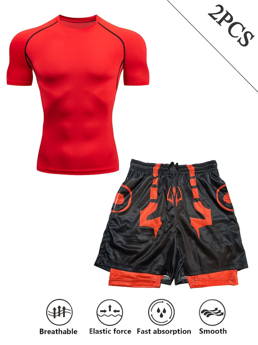 Men’s 2-Piece Quick-Dry Sports Set – Fitted Performance T-Shirt & Layered Training Shorts