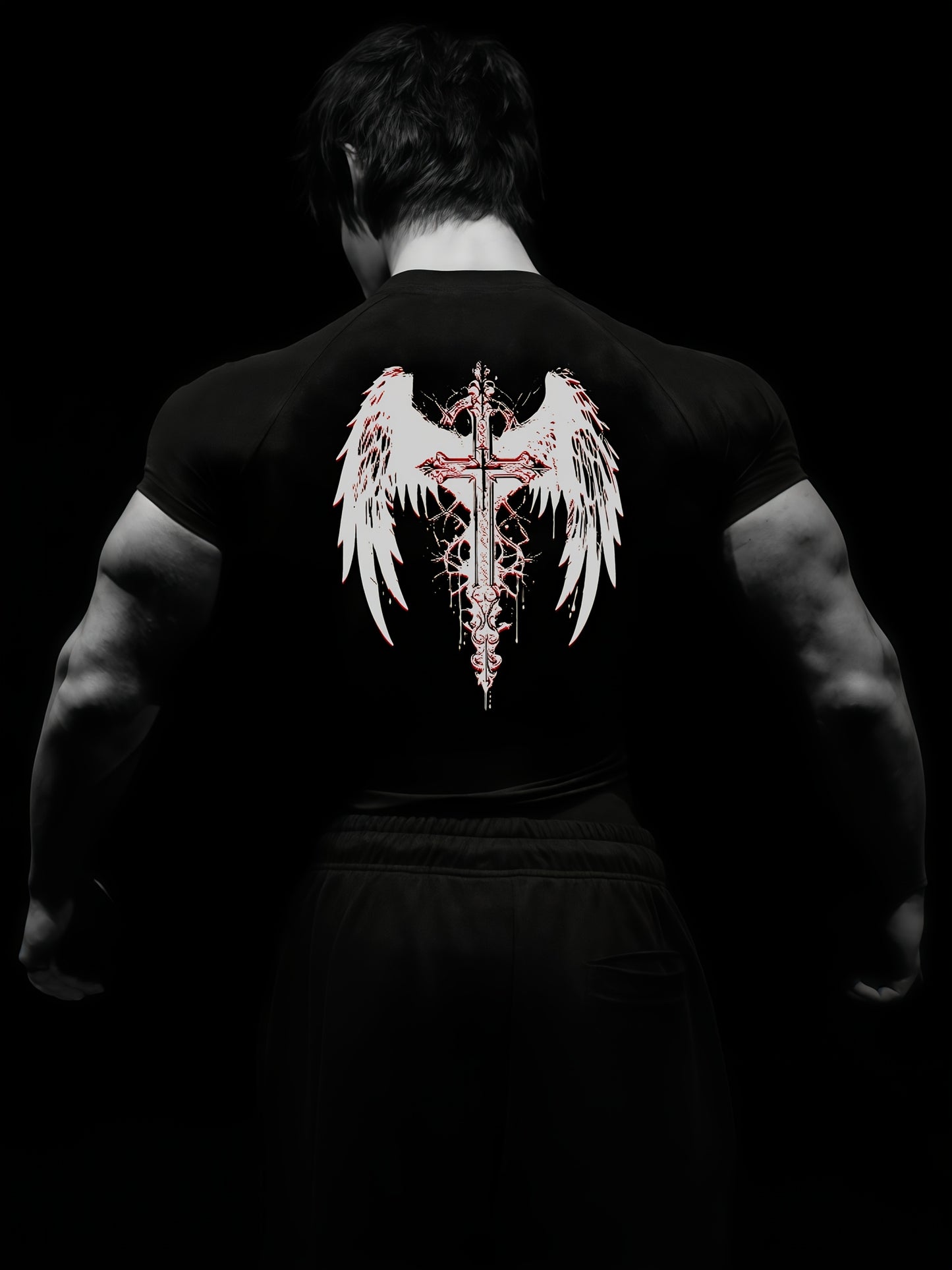 Men’s Cross & Wings Compression Workout Shirt – High-Stretch Breathable Gym Tee for Training & Fitness