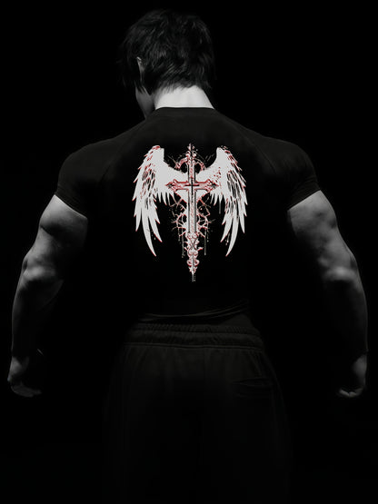 Men’s Cross & Wings Compression Workout Shirt – High-Stretch Breathable Gym Tee for Training & Fitness