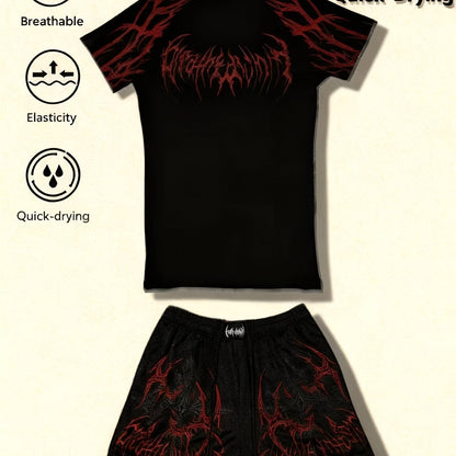 Men’s Red & Black 2-Piece Summer Set – Breathable Loose-Fit T-Shirt & Sports Shorts