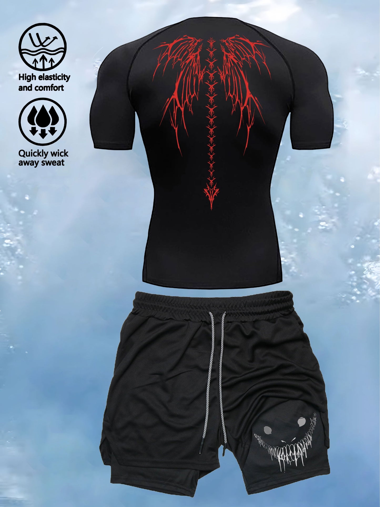 Men’s 2-Piece Compression Base Layer Set – Quick-Dry Printed Short Sleeve Top & Performance Leggings