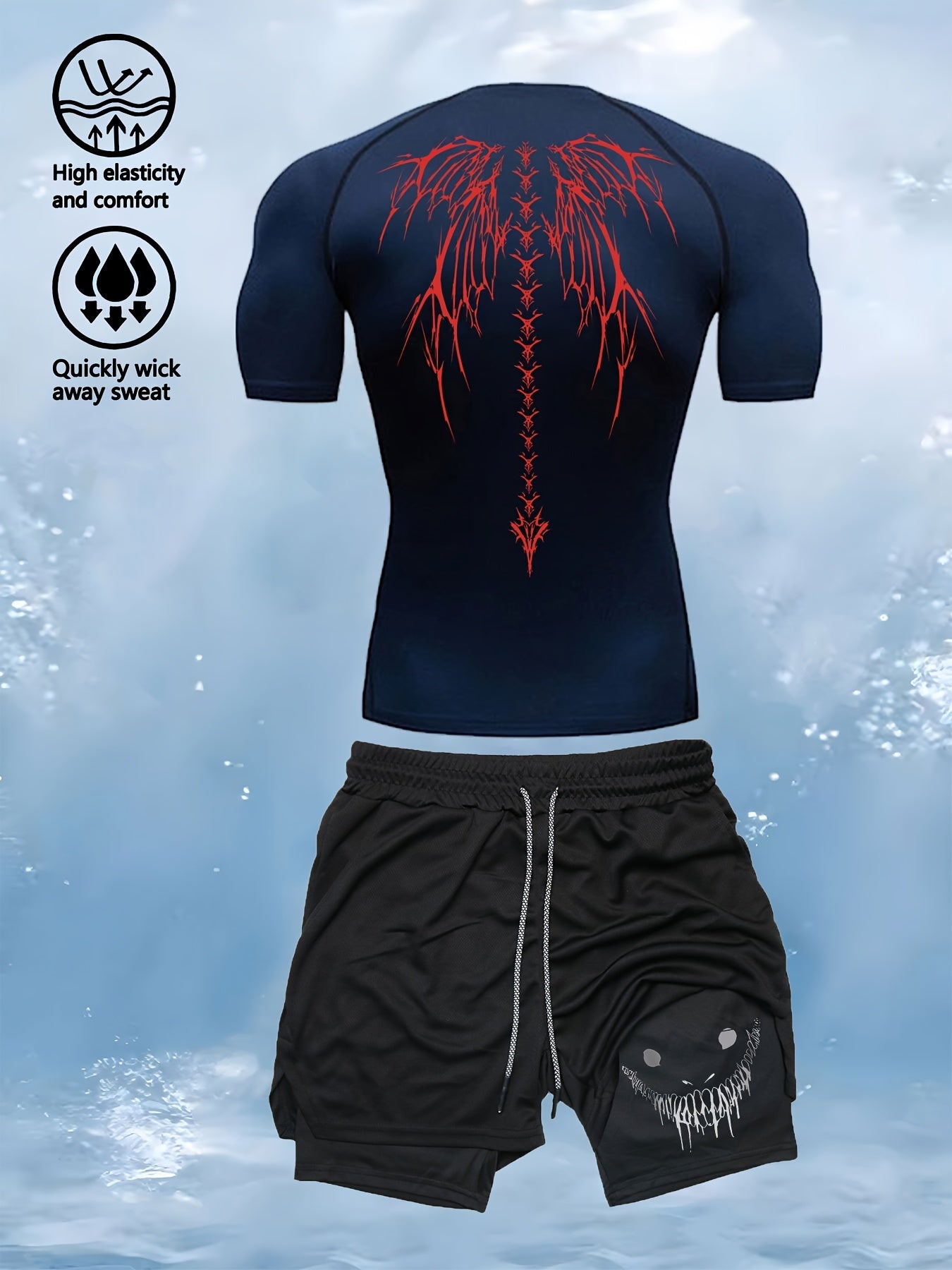 Men’s 2-Piece Compression Base Layer Set – Quick-Dry Printed Short Sleeve Top & Performance Leggings