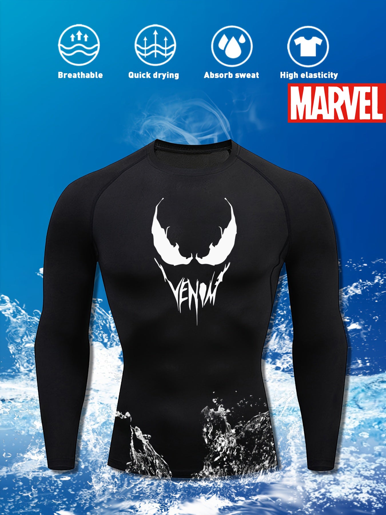 Marvel Spider-Venom Long Sleeve Compression Shirt – Men’s Breathable Performance Training Top