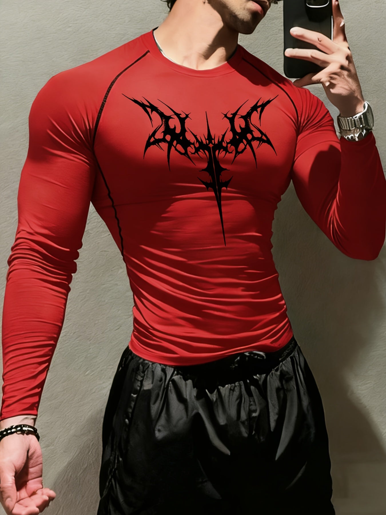 Men’s Gothic Trident & Thorn Compression Long Sleeve Shirt – Sweat-Wicking Tight-Fit Training Top for Gym & Outdoor Workouts