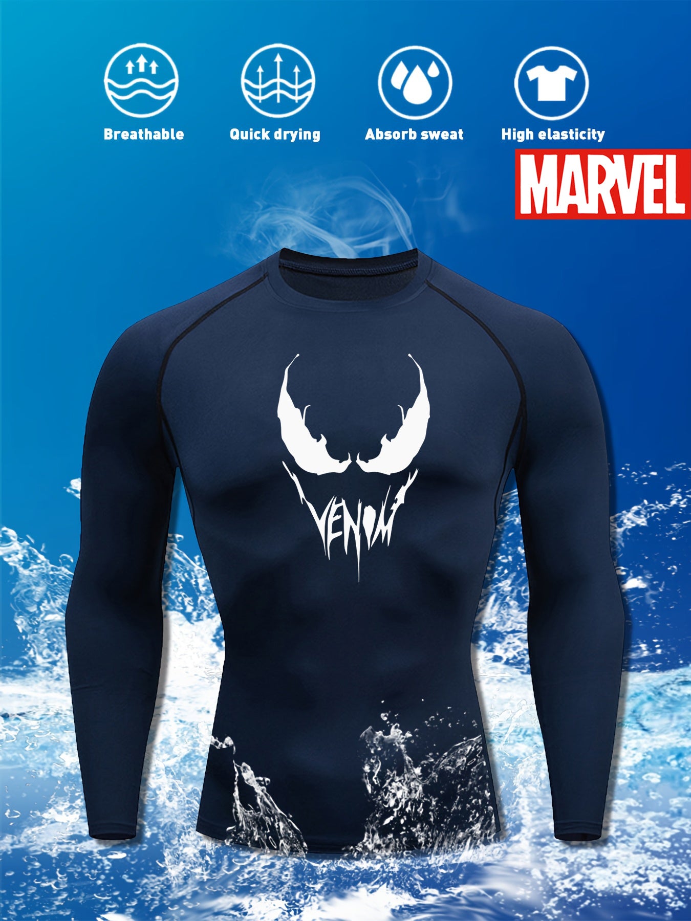 Marvel Spider-Venom Long Sleeve Compression Shirt – Men’s Breathable Performance Training Top