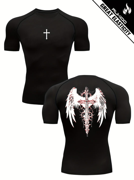 Men’s Cross & Wings Compression Workout Shirt – High-Stretch Breathable Gym Tee for Training & Fitness