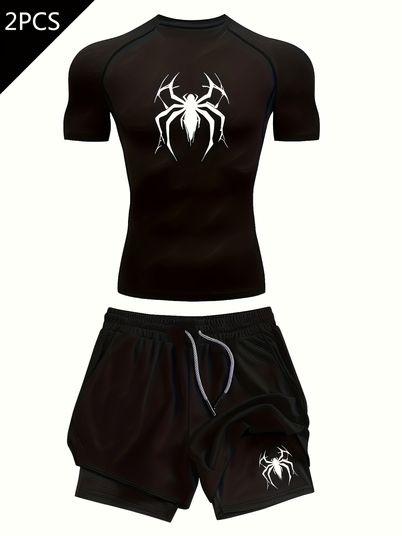 Marvel Spider Print Men’s Compression Set –  Quick-Dry Shirt & Double-Layer Training Shorts
