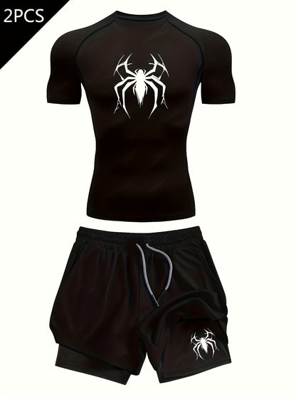 Marvel Spider Print Men’s Compression Set –  Quick-Dry Shirt & Double-Layer Training Shorts