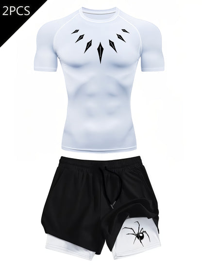 Men’s Necklace Print 2-Piece Compression Gym Set – Quick-Dry Performance T-Shirt & 2-in-1 Training Shorts