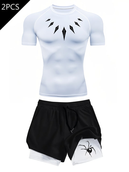 Men’s Necklace Print 2-Piece Compression Gym Set – Quick-Dry Performance T-Shirt & 2-in-1 Training Shorts