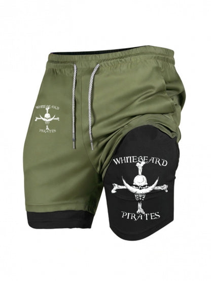 Men’s Quick-Dry 2-in-1 Compression Shorts – Anime Manga Print Double-Layer Gym & Training Shorts with Pockets