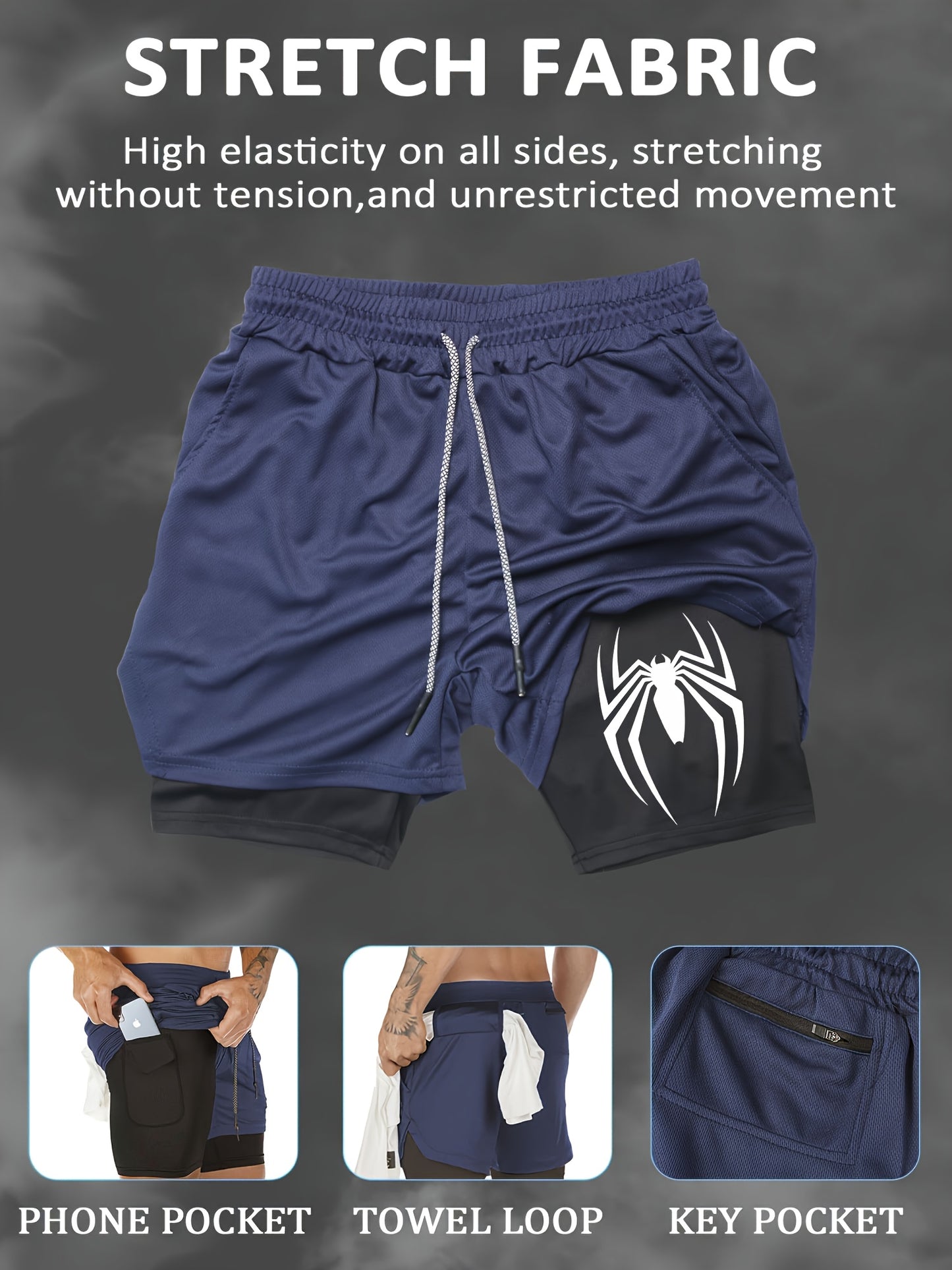 Men’s Marvel Spider‑Man Quick-Dry Sports Shorts – Double-Layer Training Shorts with Multi-Pockets