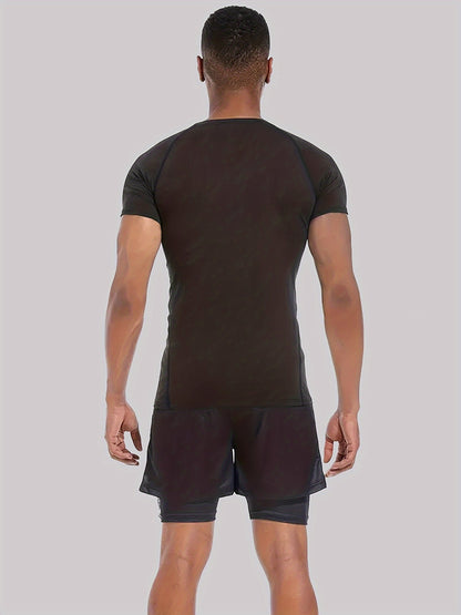 Men’s Red & Black 2-Piece Summer Set – Breathable Loose-Fit T-Shirt & Sports Shorts