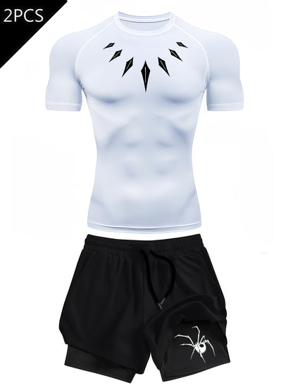 Men’s Necklace Print 2-Piece Compression Gym Set – Quick-Dry Performance T-Shirt & 2-in-1 Training Shorts
