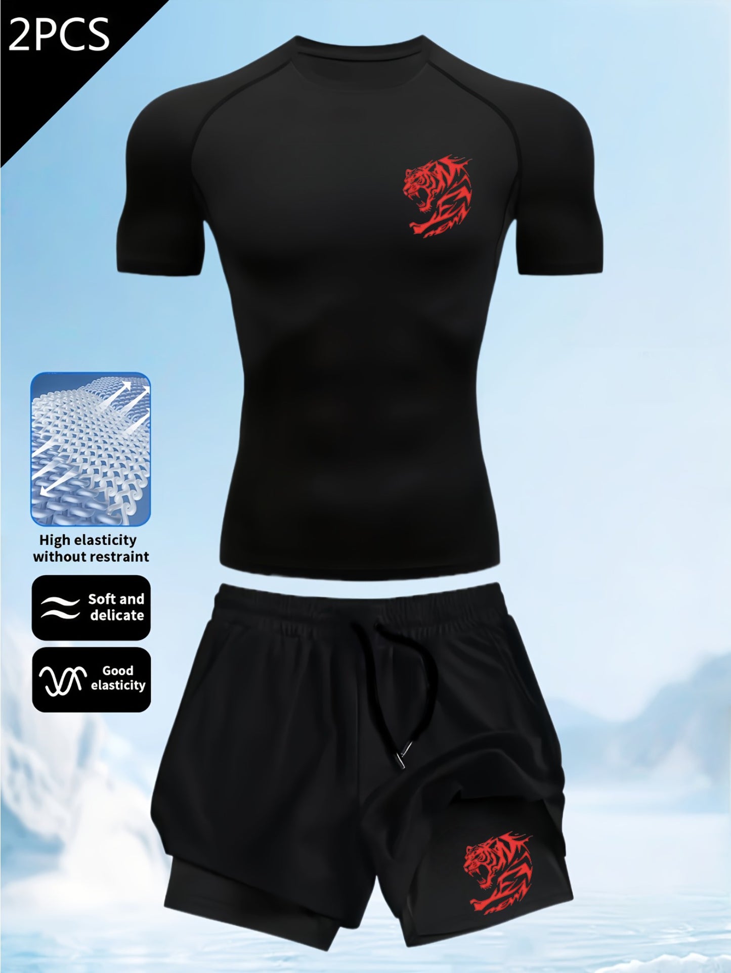 Men’s Slim-Fit 2-Piece Gym Set – Quick-Dry Performance T-Shirt & 2-in-1 Double Layer Training Shorts