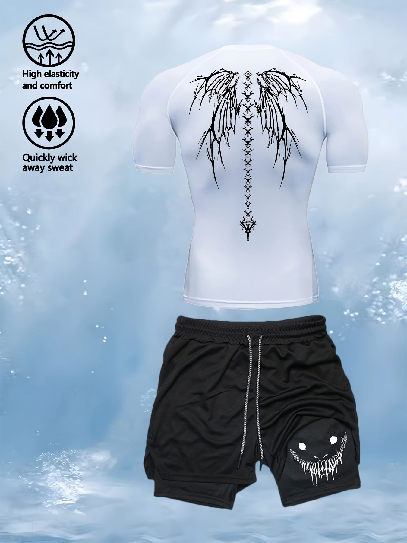 Men’s 2-Piece Compression Base Layer Set – Quick-Dry Printed Short Sleeve Top & Performance Leggings