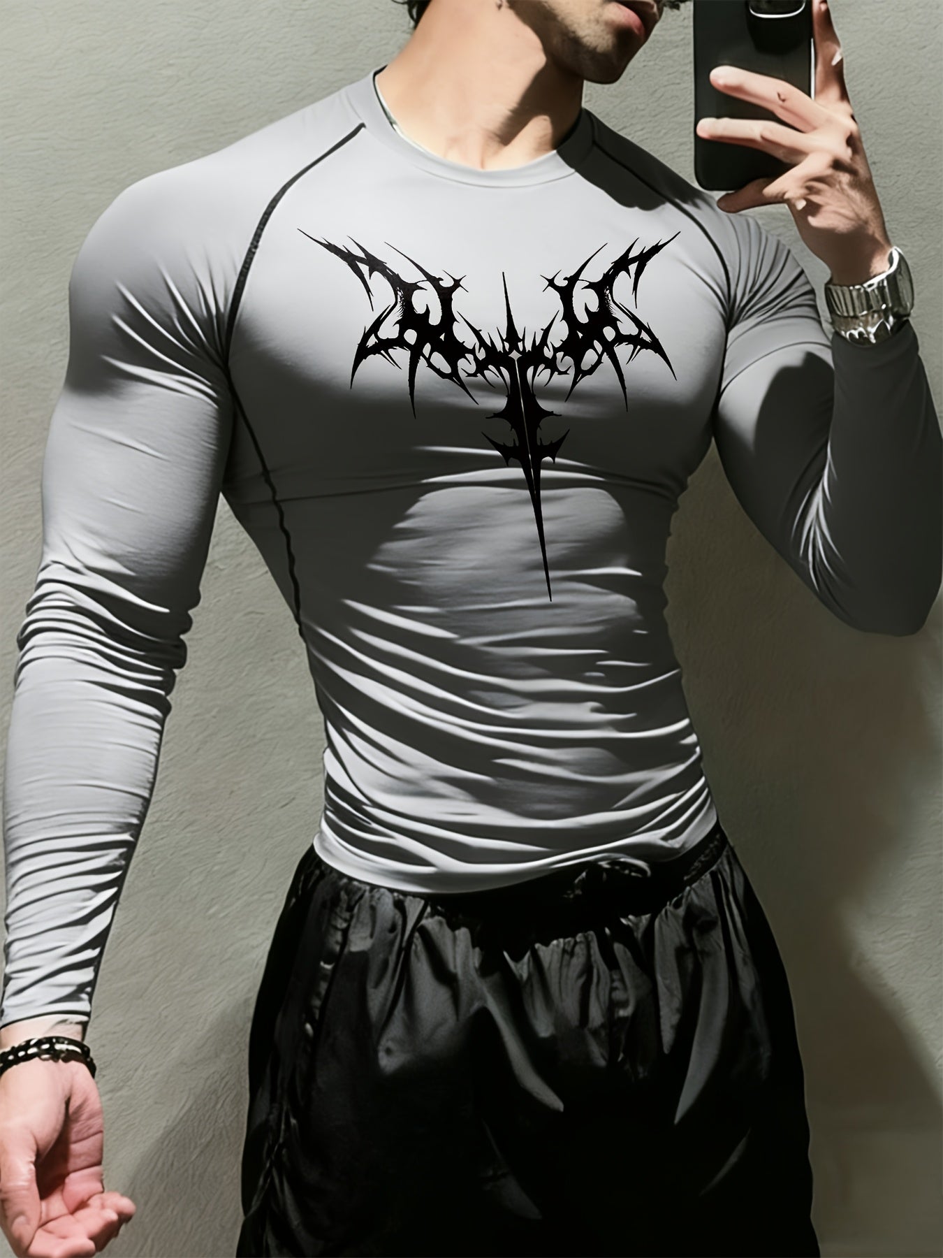 Men’s Gothic Trident & Thorn Compression Long Sleeve Shirt – Sweat-Wicking Tight-Fit Training Top for Gym & Outdoor Workouts