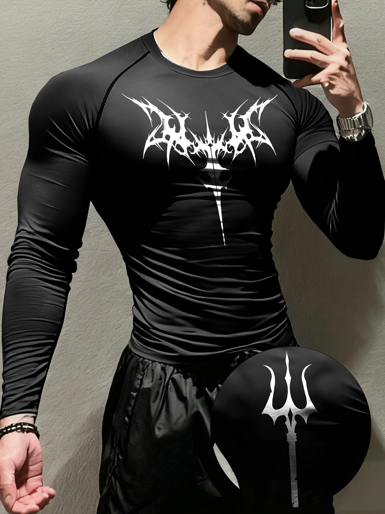 Men’s Gothic Trident & Thorn Compression Long Sleeve Shirt – Sweat-Wicking Tight-Fit Training Top for Gym & Outdoor Workouts