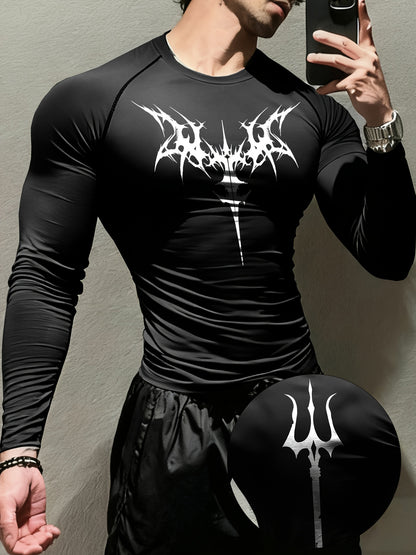 Men’s Gothic Trident & Thorn Compression Long Sleeve Shirt – Sweat-Wicking Tight-Fit Training Top for Gym & Outdoor Workouts