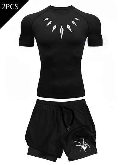 Men’s Necklace Print 2-Piece Compression Gym Set – Quick-Dry Performance T-Shirt & 2-in-1 Training Shorts