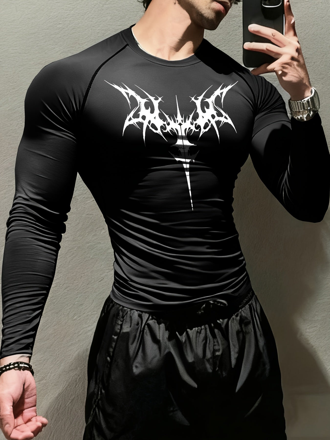 Men’s Gothic Trident & Thorn Compression Long Sleeve Shirt – Sweat-Wicking Tight-Fit Training Top for Gym & Outdoor Workouts