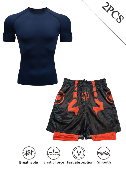 Men’s 2-Piece Quick-Dry Sports Set – Fitted Performance T-Shirt & Layered Training Shorts