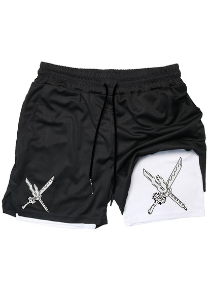 Men’s Double Sword Anime 2-in-1 Sports Shorts – Quick-Dry Double Layer Fitness & Running Shorts