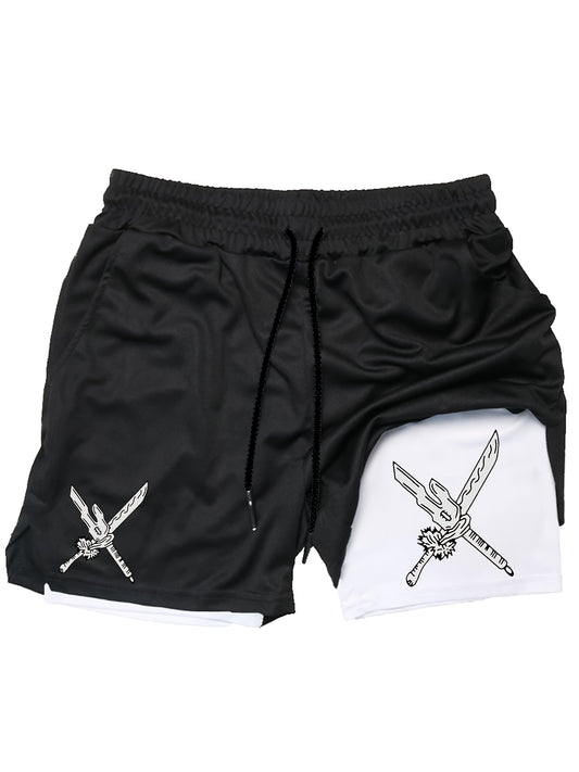 Men’s Double Sword Anime 2-in-1 Sports Shorts – Quick-Dry Double Layer Fitness & Running Shorts